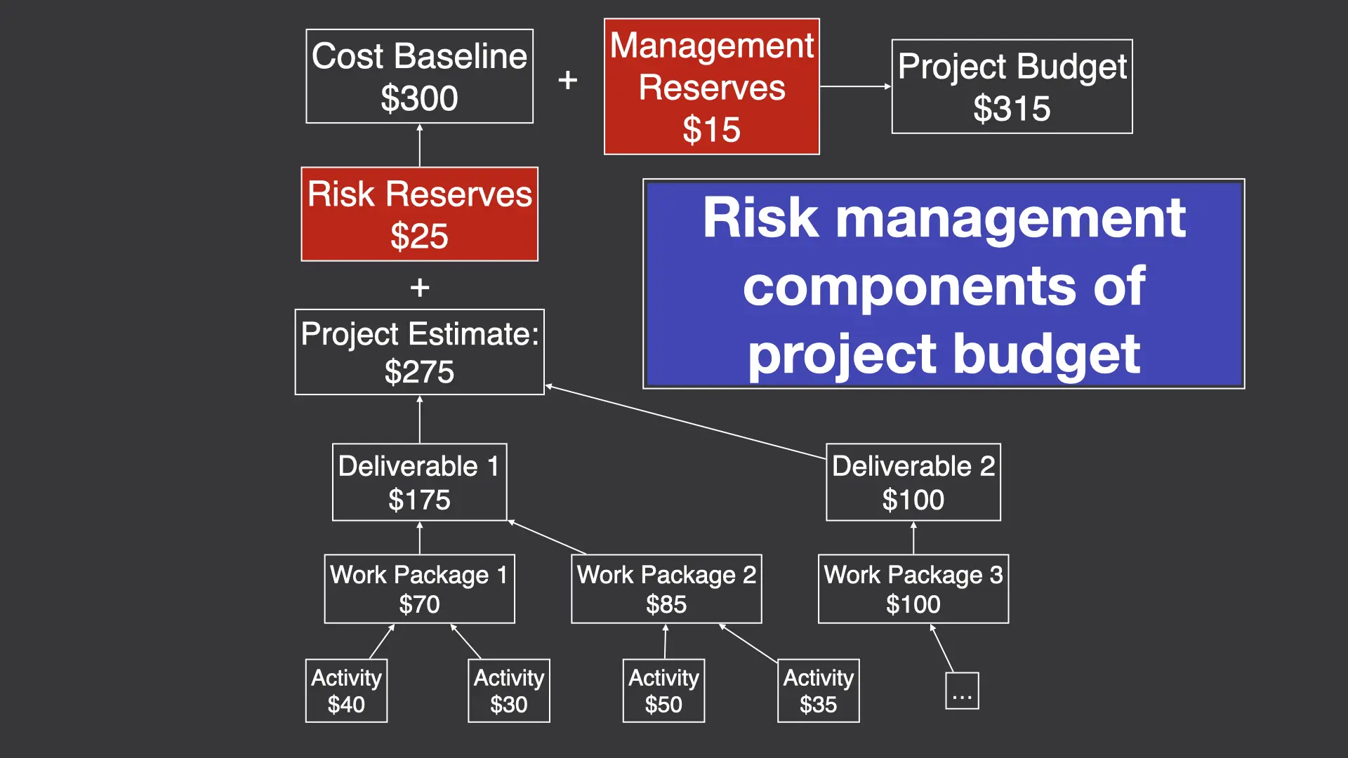 Diagram that shows components of risk management budget in the whole project management plan