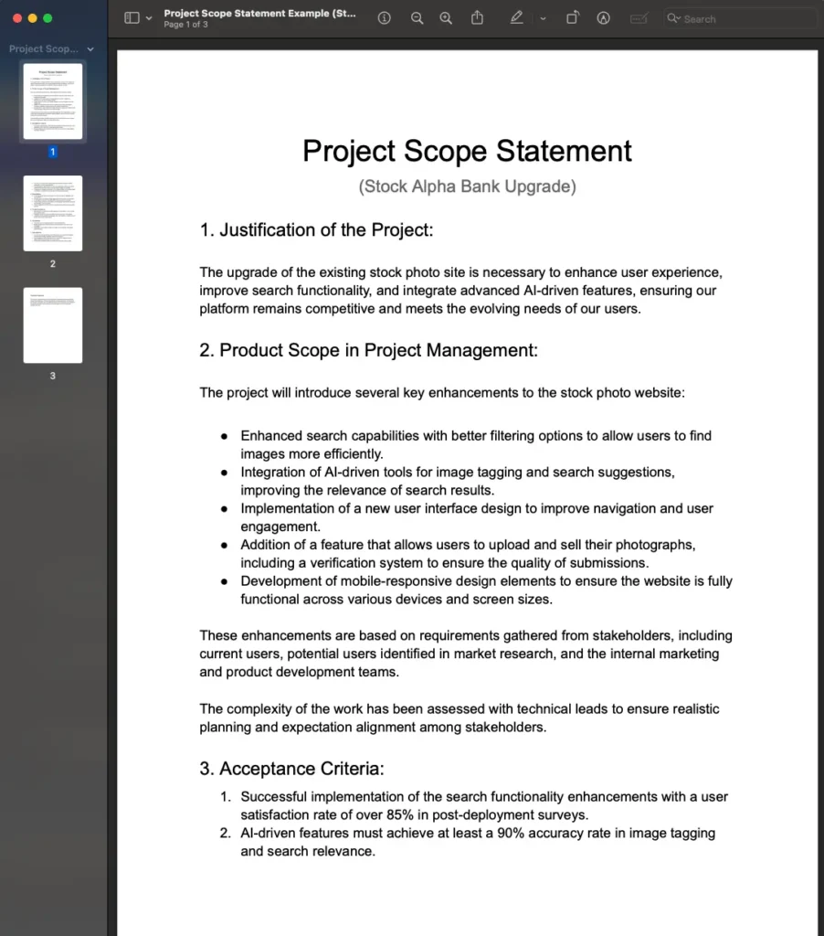 An example of a project scope statement that describes a project to upgrade stock images site features